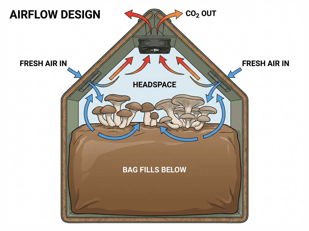 Airflow design showing fresh air in, CO2 out, and bag position