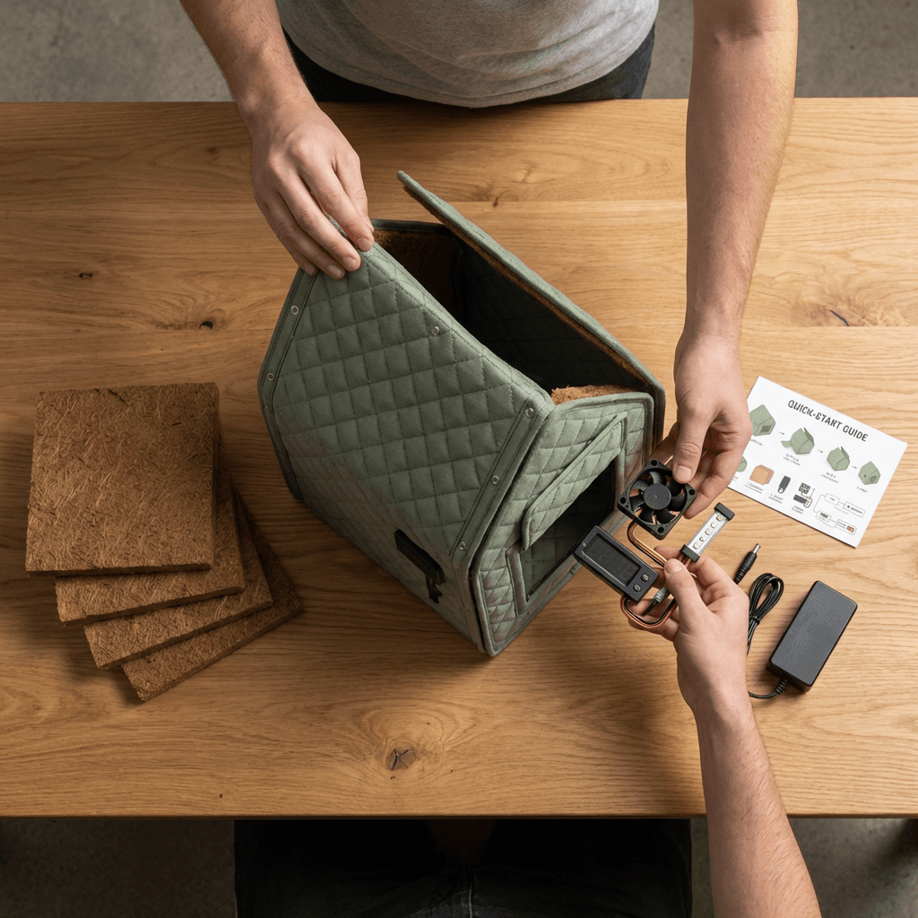 Two people assembling a Sh-Room together on a wooden table