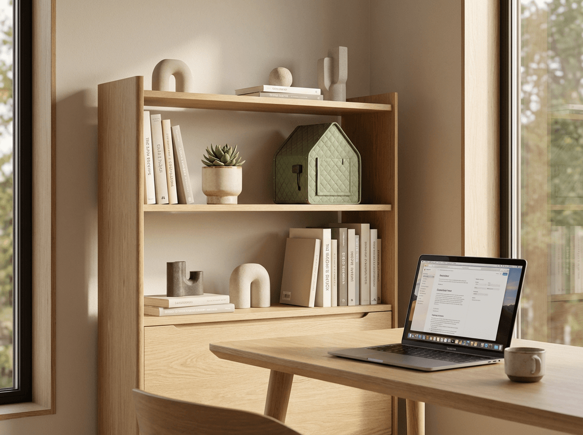 Sh-Room sitting on a bookshelf in a modern office