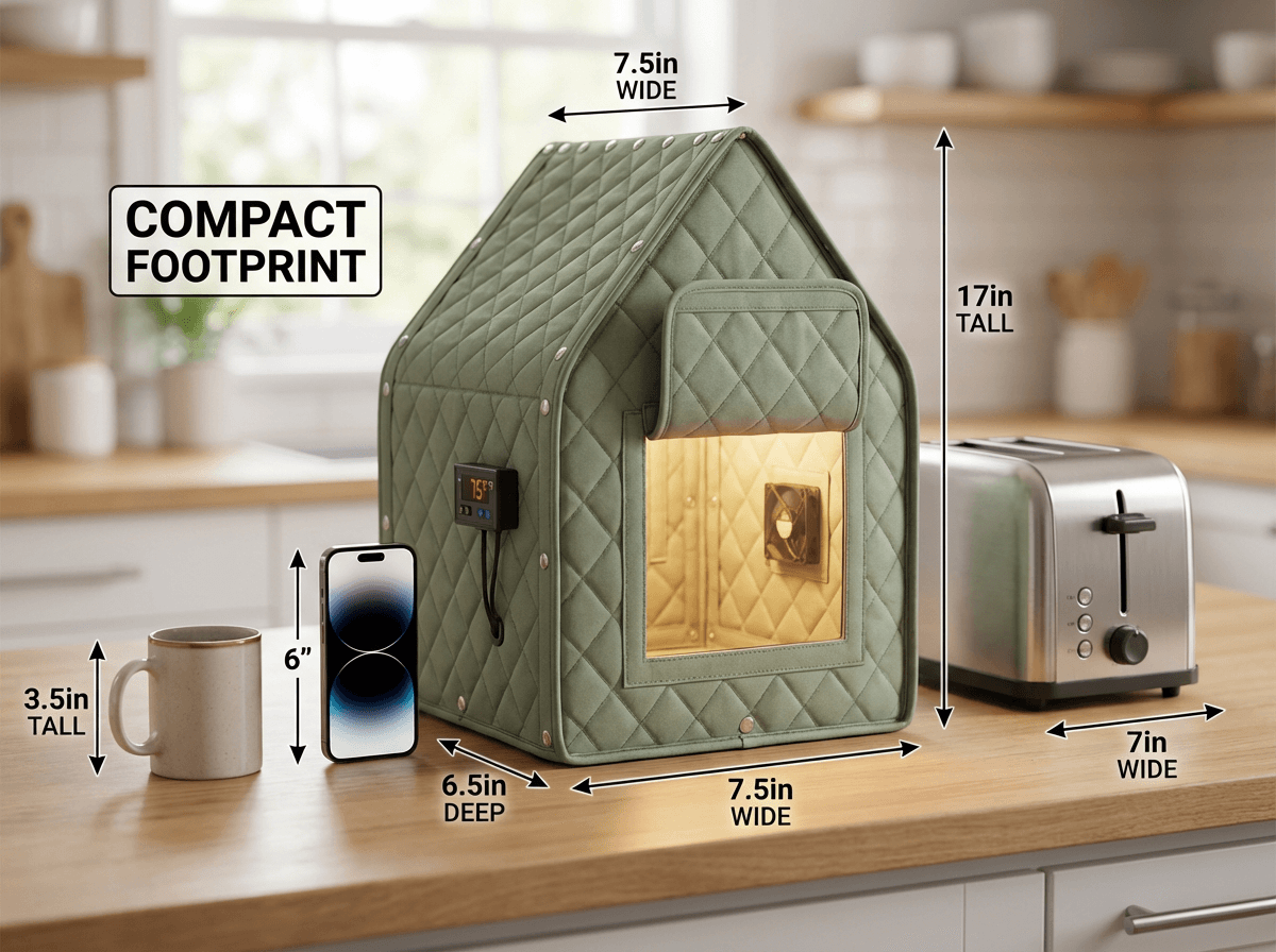 Sh-Room dimensions comparison showing compact footprint next to phone and toaster