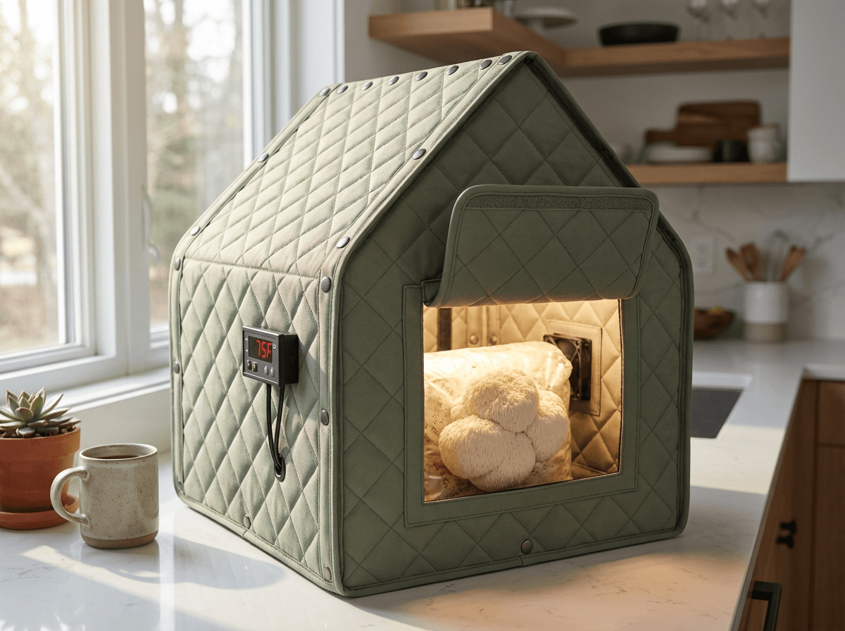 Sh-Room with lion's mane mushrooms ready to harvest