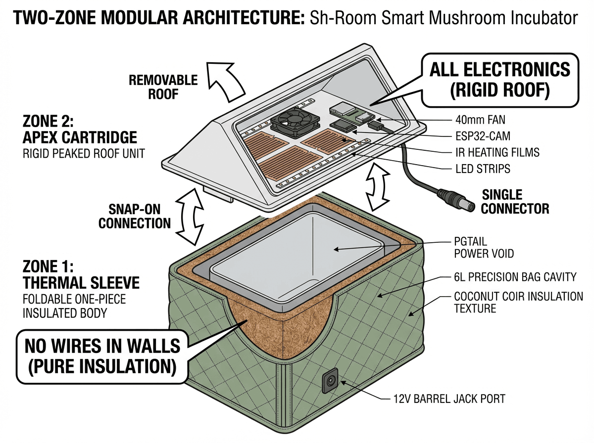 Two-zone modular architecture: removable roof cartridge and foldable thermal sleeve
