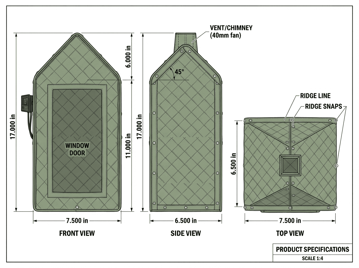 Sh-Room engineering drawings with front, side, and top views